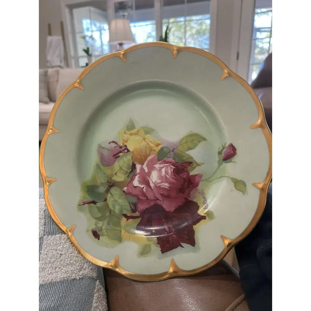 Vtg Porzellan Imperial Set of 2 Dinner Plates Mint green‎ Pink Roses by Ullrich